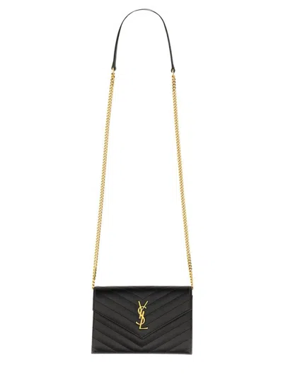 Saint Laurent "envelope Cassandre" Wallet With Chain In Black