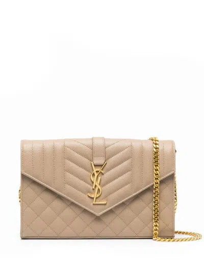 Saint Laurent Monogram Quilted Leather Chain Wallet In Dark Beige