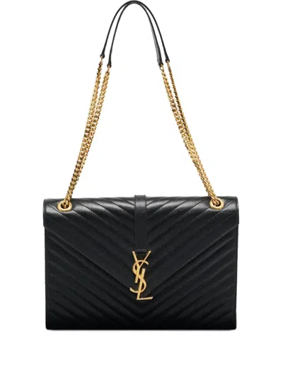 Pre-owned Saint Laurent Envelope Chevron Shoulder Bag In Black