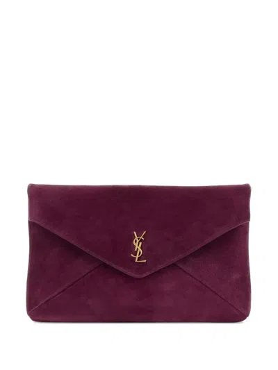 Saint Laurent Purple Suede Envelope Clutch In White