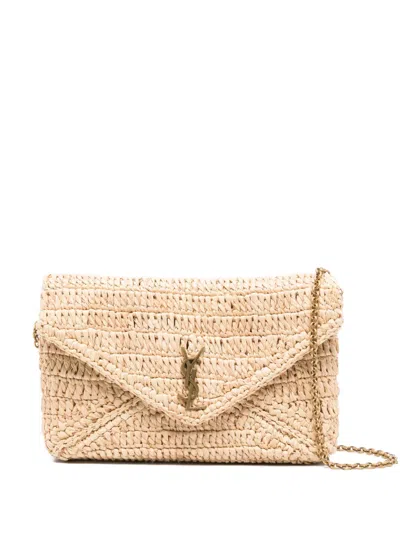 Saint Laurent Envelope Flap Woven Shoulder Bag In Neutral