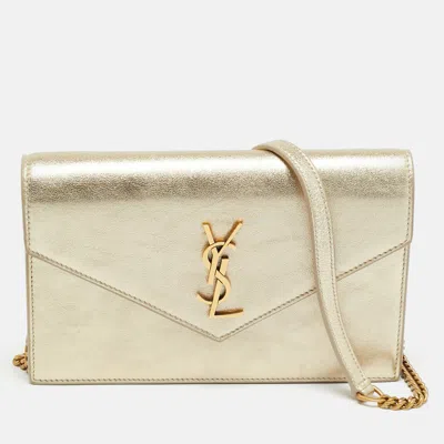 Pre-owned Saint Laurent Envelope Gold Leather Wallet On Chain