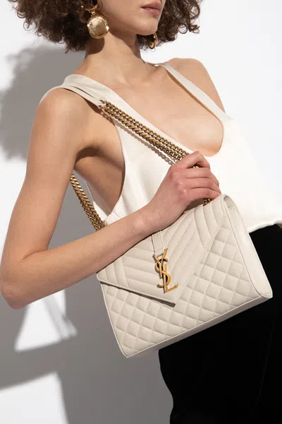 Saint Laurent Envelope Logo Plaque Medium Shoulder Bag In Cream