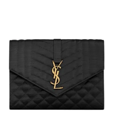 Saint Laurent Envelope Flap Pouch In Mix Matelassé Satin In Black