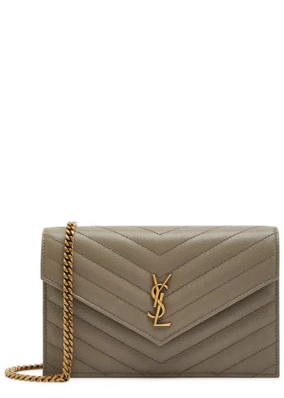 Saint Laurent Envelope Pebbled Leather Wallet On Chain In Brown