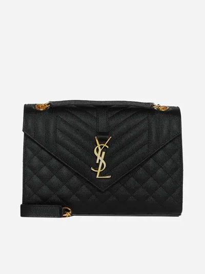 Saint Laurent Envelope Medium Quilted Textured-leather Shoulder Bag In Black