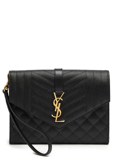 Saint Laurent Envelope Quilted Leather Pouch In Black