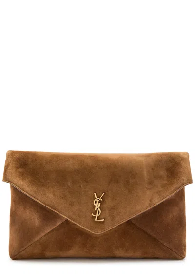 Saint Laurent Envelope Suede Pouch In Brown