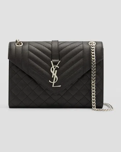 Saint Laurent Envelope Triquilt Medium Ysl Shoulder Bag In Grained Leather In Black