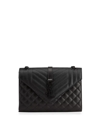 Saint Laurent Envelope Triquilt Medium Ysl Shoulder Bag In Grained Leather In Black Black