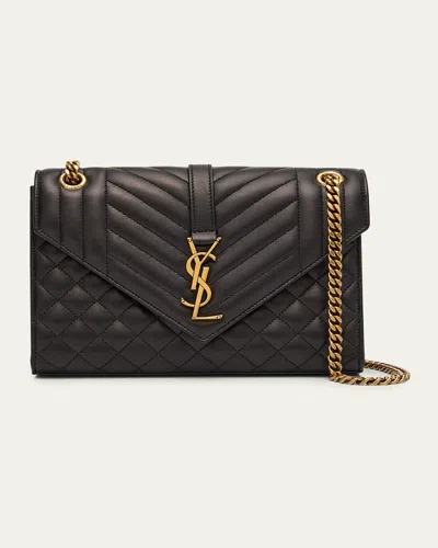 Saint Laurent Envelope Triquilt Medium Ysl Shoulder Bag In Smooth Quilted Leather In Noir