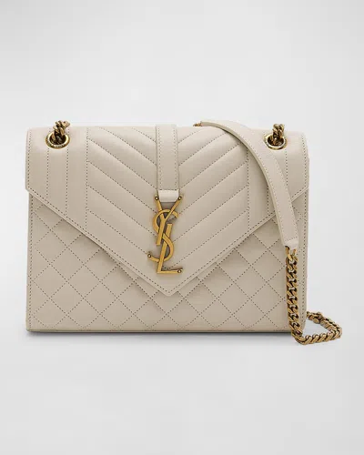 Saint Laurent Envelope Triquilt Medium Ysl Shoulder Bag In Smooth Quilted Leather In White