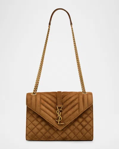 Saint Laurent Envelope Triquilt Medium Ysl Shoulder Bag In Suede