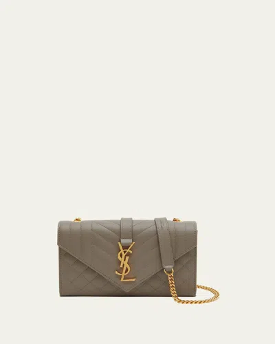 Saint Laurent Envelope Triquilt Small Ysl Shoulder Bag In Grained Leather In Grey Brown