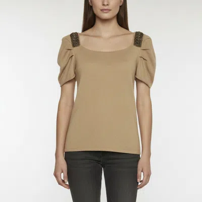 Pre-owned Saint Laurent Escada Beige Cashmere Embellished Short Sleeve Top L