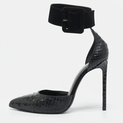 Pre-owned Saint Laurent Escarpin Size 39.5 Black Python And Suede Ankle Cuff Pumps