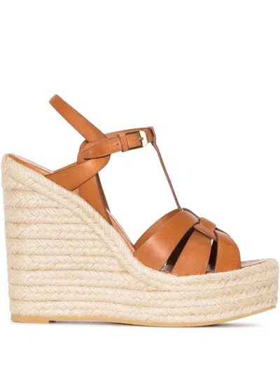 Saint Laurent T-strap 85mm Espadrille Wedge Sandals In Brown