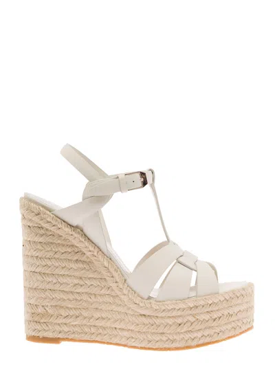 Saint Laurent Tribute 85mm Leather Espadrille Wedges In White