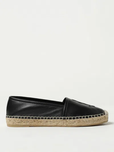 Saint Laurent Logo Embossed Calf Leather Flat Espadrilles In Black