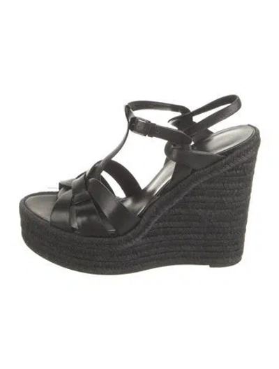 Pre-owned Saint Laurent Espadrilles Wedge In Smooth Leather In Black Leather