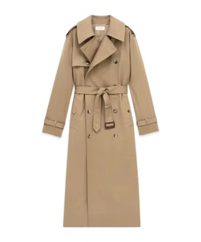 Saint Laurent Double-breasted Cotton Twill Trench Coat In Beige