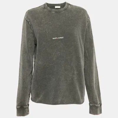 Pre-owned Saint Laurent Faded Grey Logo Print Cotton Distressed Sweatshirt S In Gray