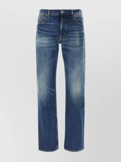 Saint Laurent Faded Wash Denim Trousers With Belt Loops In Blue