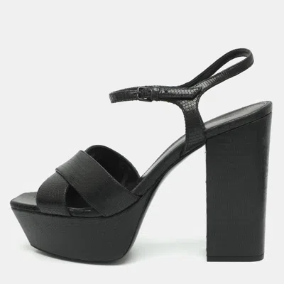 Pre-owned Saint Laurent Farrah Size 41 Black Lizard Embossed Leather Platform Sandals