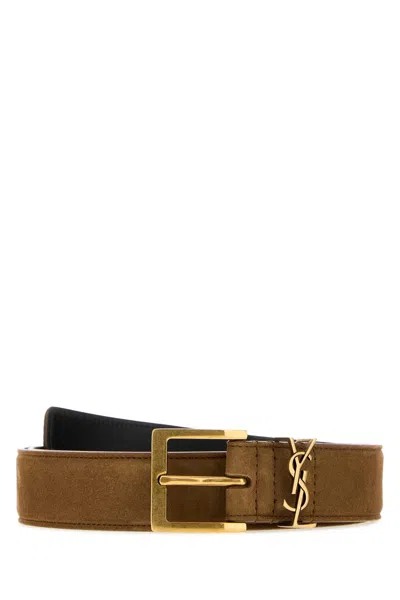Saint Laurent 3 Cm Logo-embellished Suede Belt In Brown