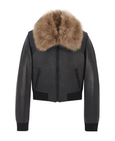 Saint Laurent Faux-fur Collar Cropped Leather Jacket In Black