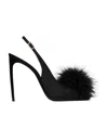 Saint Laurent Mae Slingback Sandals In Crepe Satin With Feathers In Black