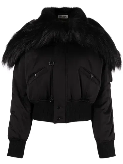 Saint Laurent Satin Bomber Jacket With Faux Fur Trim In Black