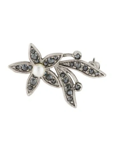 Pre-owned Saint Laurent Faux Pearl & Crystal Floral Brooch Pin In Multi
