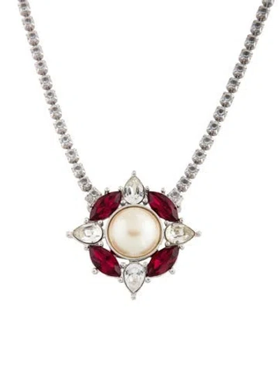 Pre-owned Saint Laurent Faux Pearl & Rhinestone Ruby Pendant Necklace, 18" In Red