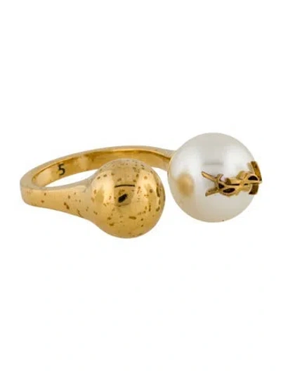Pre-owned Saint Laurent Faux Pearl Cocktail Ring In White