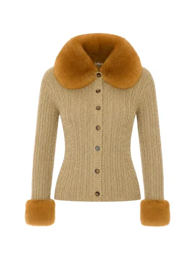 Saint Laurent Faux-fur Trim Cable-knit Cardigan In Brown