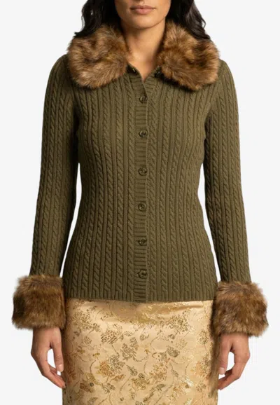 Saint Laurent Faux-fur Trimmed Cable Knit Cashmere Cardigan In Green