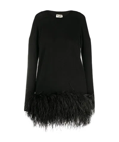 Saint Laurent Feather Hem Mini Dress In Black
