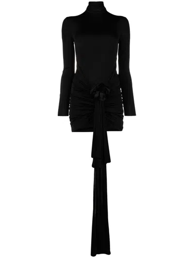 Saint Laurent Feminine Elegance: Exquisite Velvet Minidress With Dramatic Rose Appliqué In Noir
