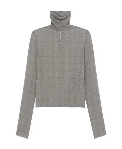 Saint Laurent Fine-check Sheer-silk Top In Gray