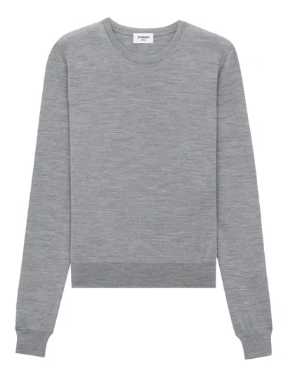 Saint Laurent Fitted Crew Neck Sweater With Cassandre Embroidery In Gray