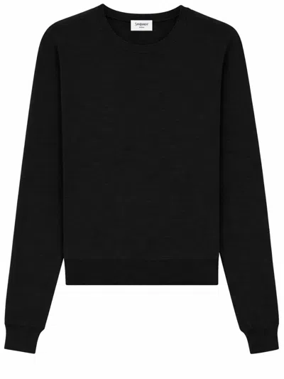 Saint Laurent Fitted Crewneck Sweater Made With Certified Wool In Black