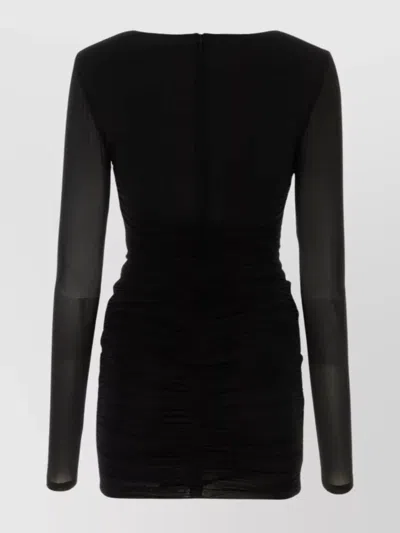 Saint Laurent Fitted Mini Dress With V-neck And Ruched Sheer Sleeves In Black