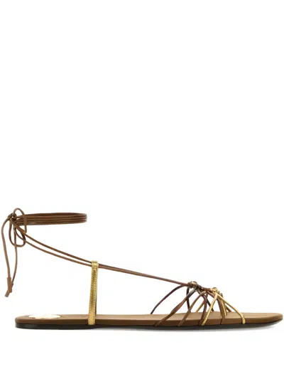Saint Laurent Cassandre Leather Flat Strappy Sandals In Gold