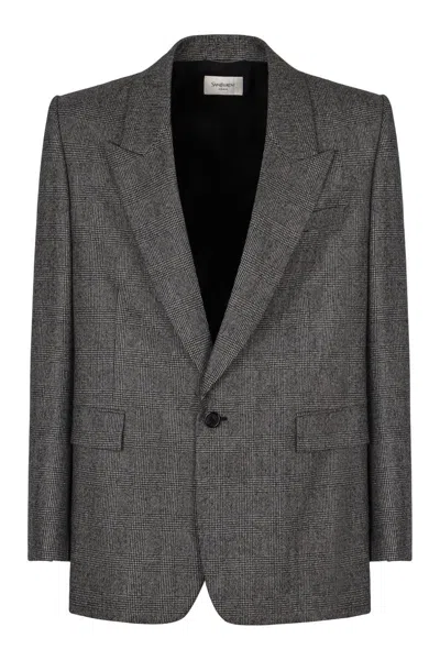 Saint Laurent Flannel Jacket Made Of Wool In Prince Of Wales In Gray