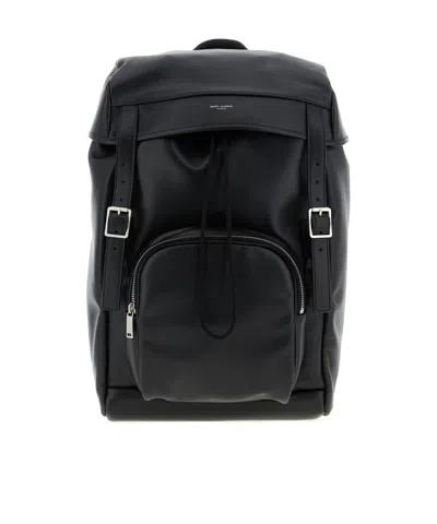 SAINT LAURENT BUCKLED-STRAP LEATHER BACKPACK