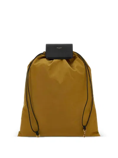Saint Laurent Biscuit Canvas Shopping Handbag With Golden Metal Finishes In Brown
