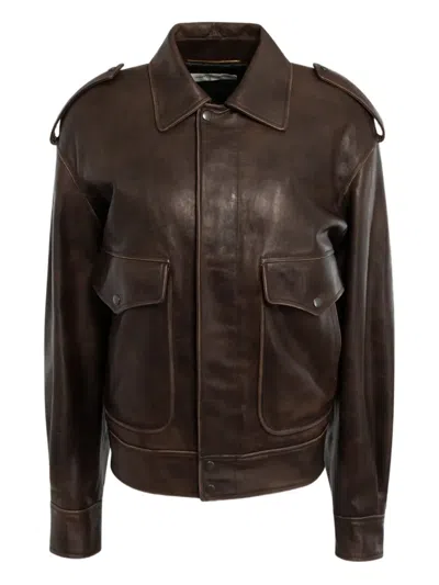 Saint Laurent Flap-pockets Leather Jacket In Brown