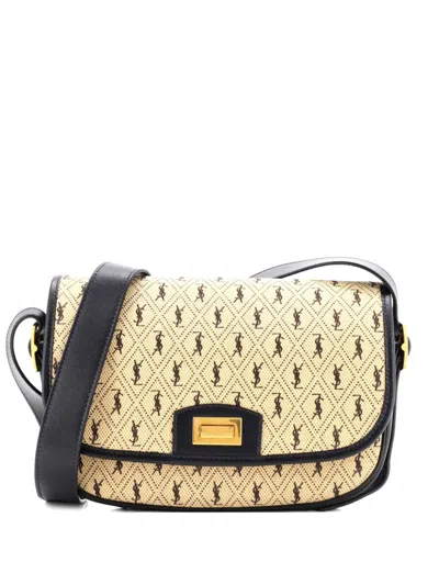 Pre-owned Saint Laurent Flap Satchel Monogram All Over Canvas And Leather Medium Shoulder Bag In Black