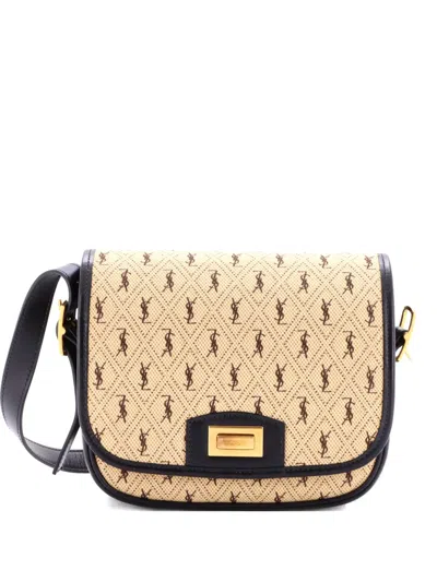 Pre-owned Saint Laurent Flap Satchel Monogram All Over Canvas And Leather Small Crossbody Bag In Black